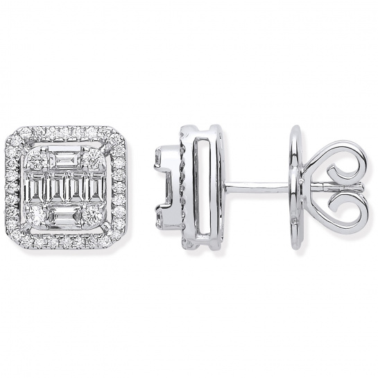 18ct White Gold 0.90ctw Round & Baguette Diamond Studs